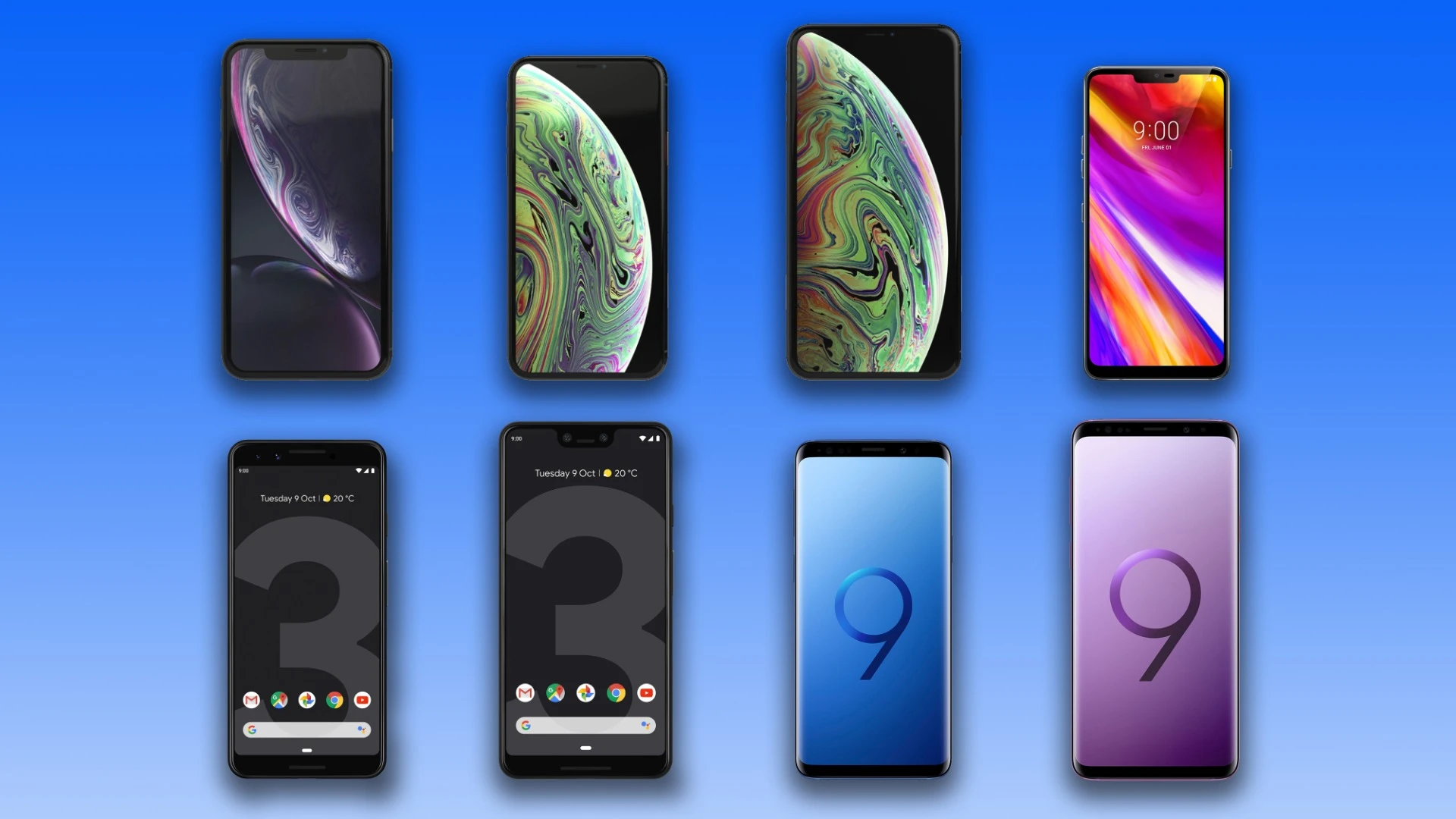 New Atlas compares the specs and features of Apple’s iPhone XR, XS and XS Max, LG’s G7 ThinQ, Google’s Pixel 3 and 3 XL, and Samsung’s Galaxy S9 and S9+