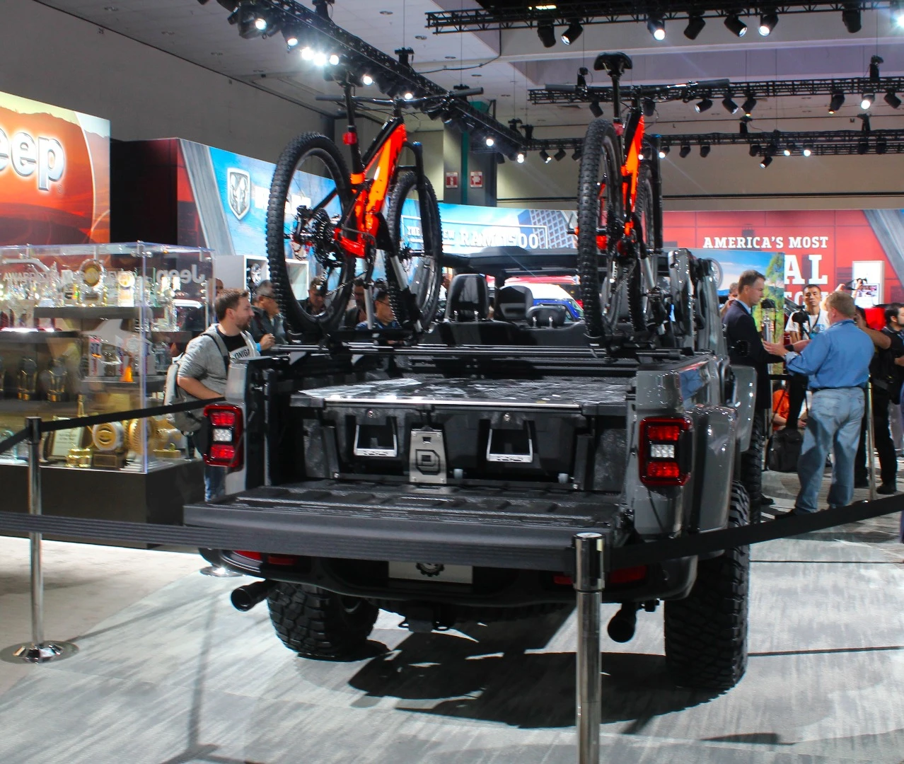 Cargo bed options, such as this bike rack, for the Jeep Gladiator were also being shown at its debut