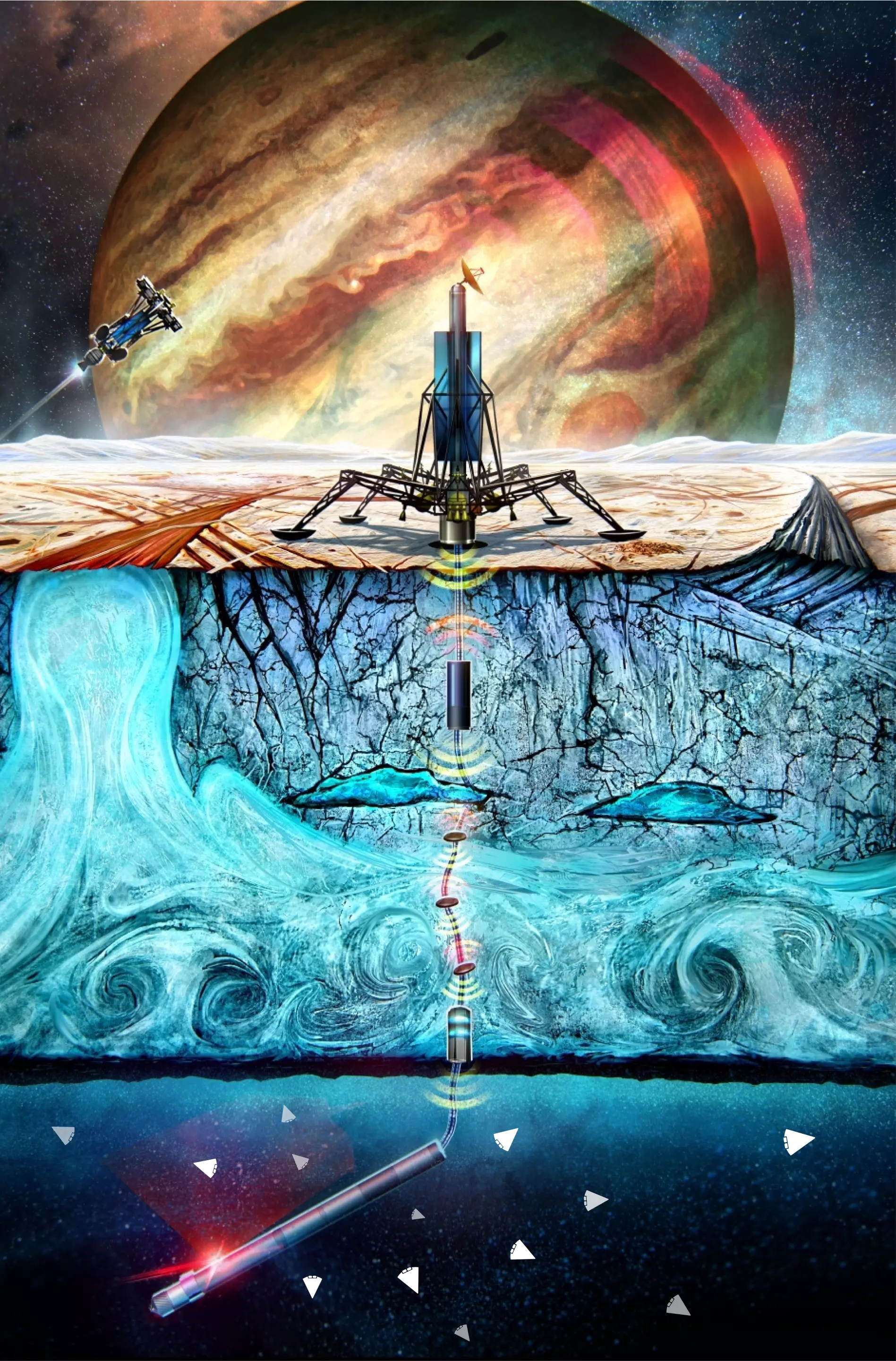 An illustration of the entire SWIM mission, including a lander on the surface of Europa or Enceladus, a probe that melts its way through the ice, and a swarm of swimming robots that are released into the ocean below to search for signs of life