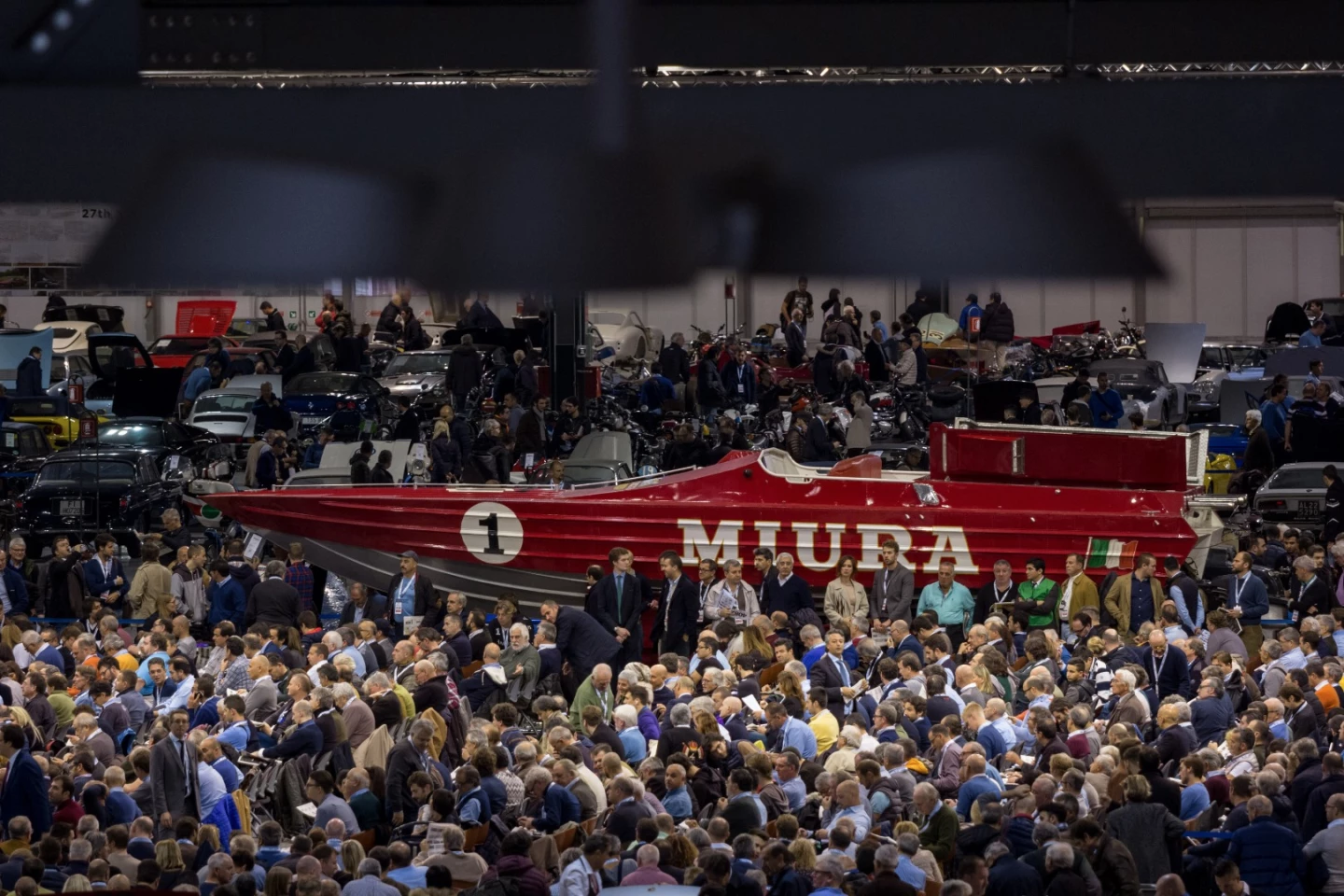 The giant 1984 CUV Lamborghini #1 Class 1 'Miura' Offshore racing boat is powered by two giant Lamborghini V-12s, and dominated both the proceedings and the fleet of 55 boats Luigi had assembled. It fetched €117,000 ($124,090).