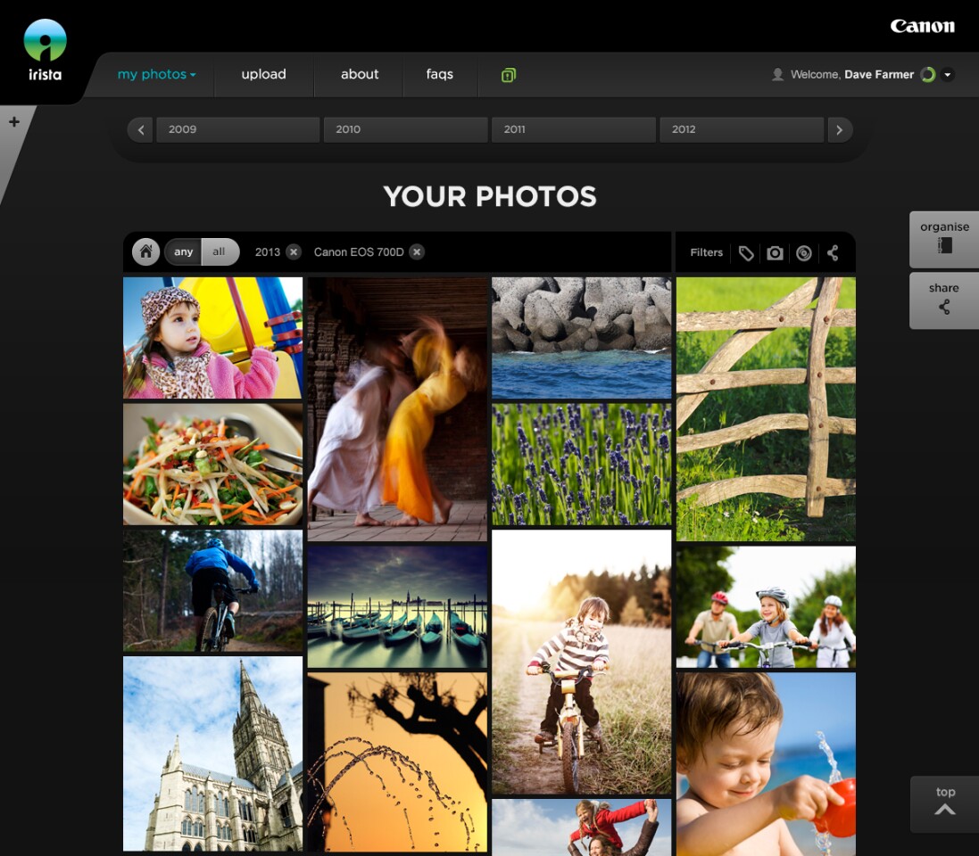 The Flickr-like tiled UI has a tweakable timeline tunning across the top, and share and organize buttons to the right