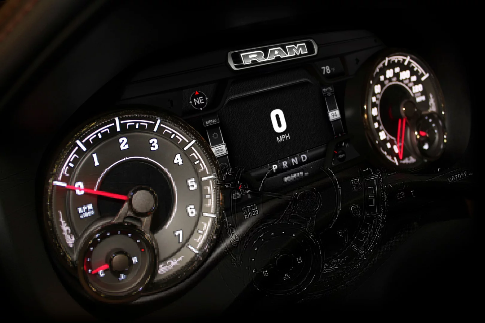 The driver information display in the 2019 Ram 1500 is a 7-inch color screen that can be custom-configured for the driver, including this simple option for everyday driving needs