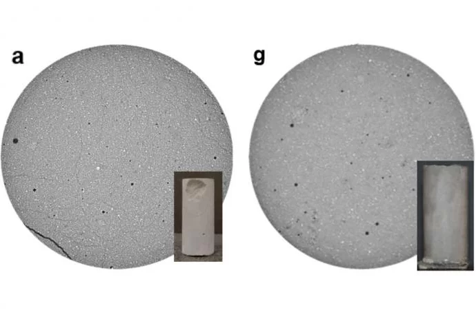 A sample of regular cement paste shows damage after freeze-thaw cycling (a) as compared to a sample containing the additive (g)