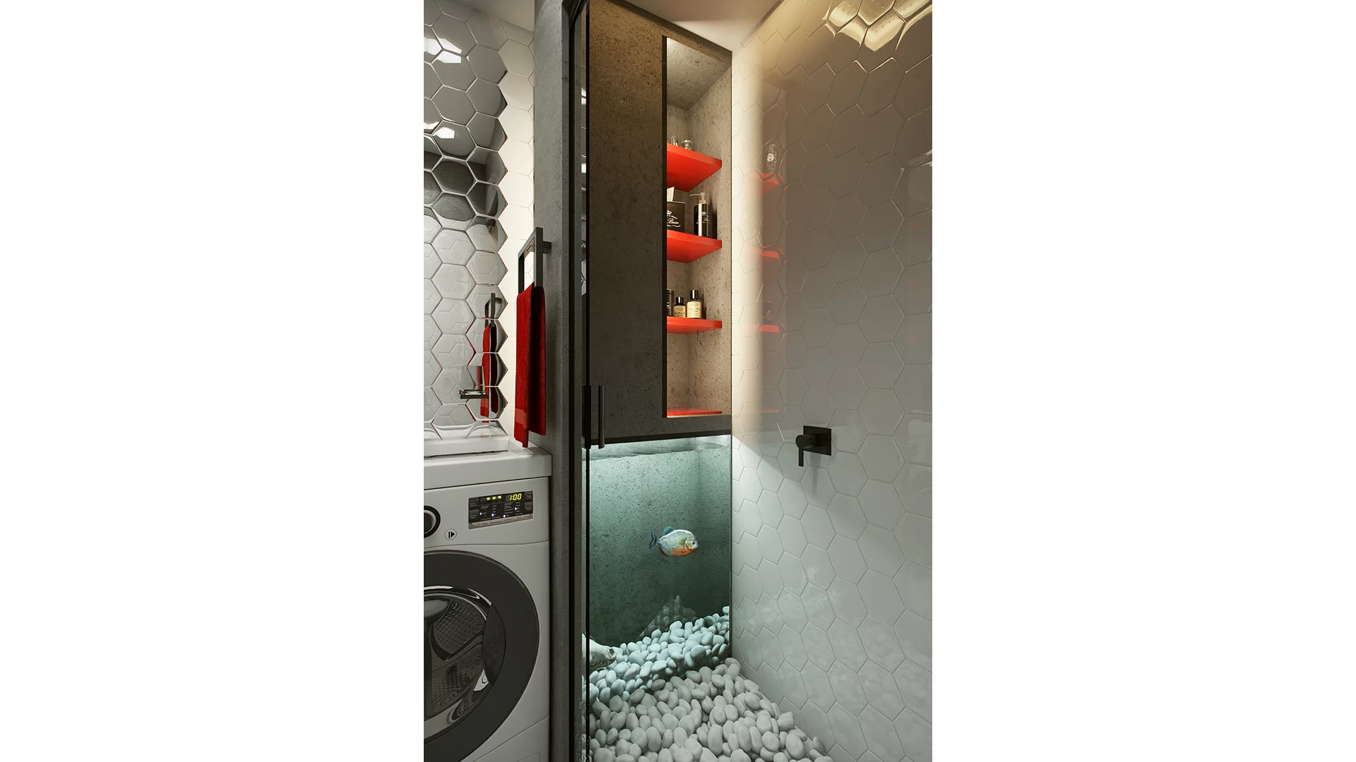 The bathroom includes a fish tank that sits alongside the pebbled shower