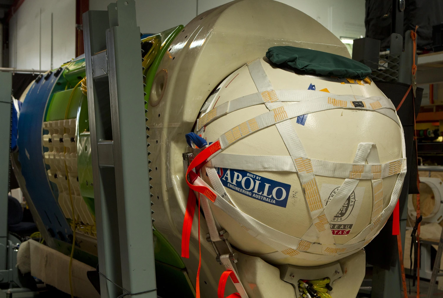 The DEEPSEA CHALLENGER pilot sphere is held in position with polyester straps(Photo: Mark Thiessen/National Geographic)
