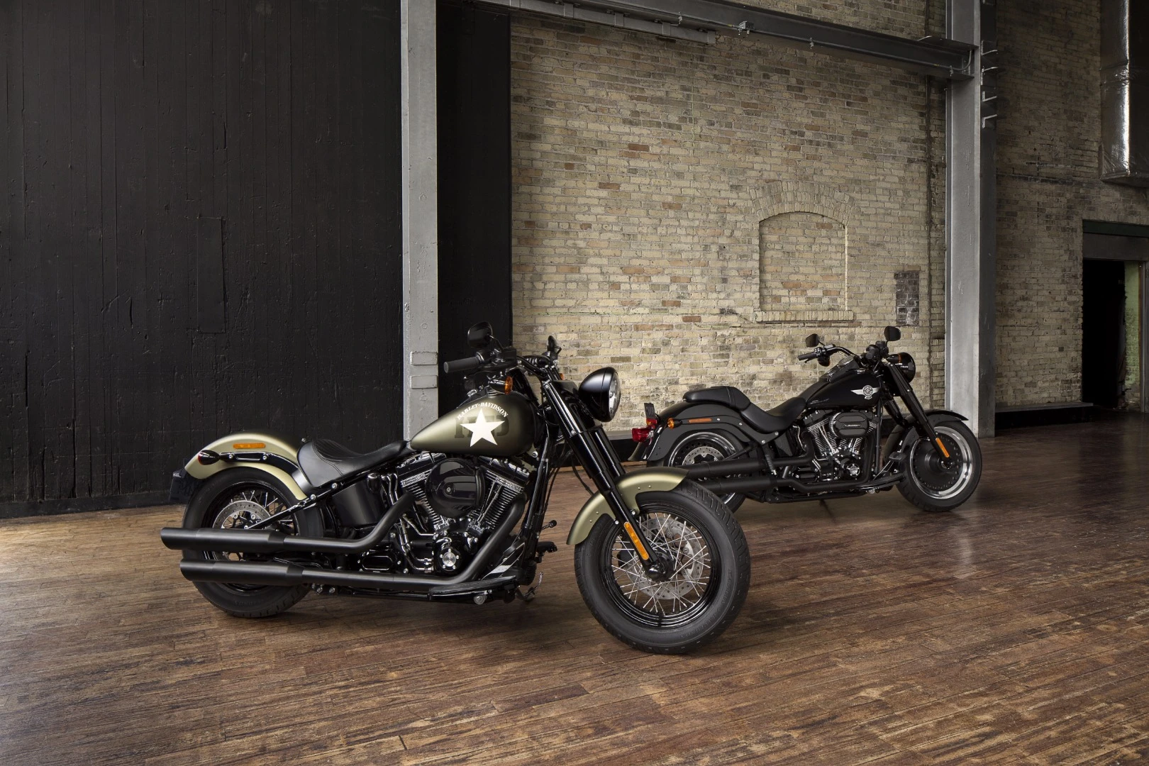2016 Harley-Davidson Softail Slim S (foreground) and Fat Boy S (background)