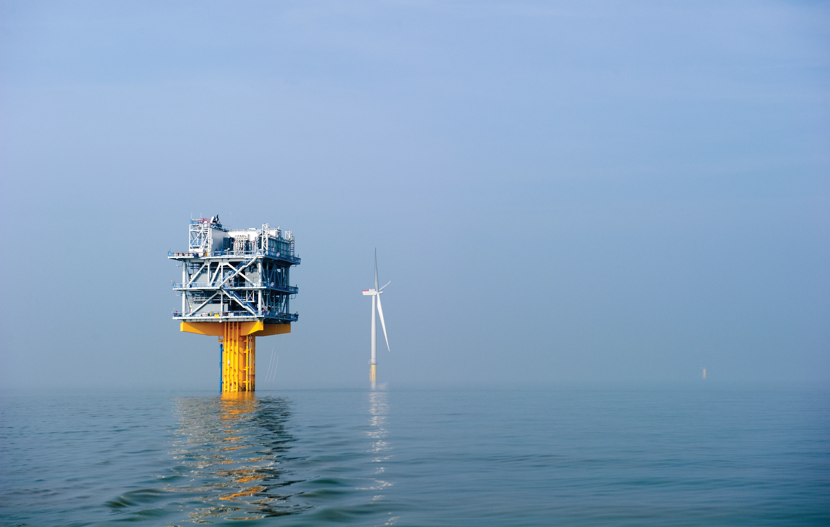 One of the first turbines to be installed, near to one of the array's offshore substations