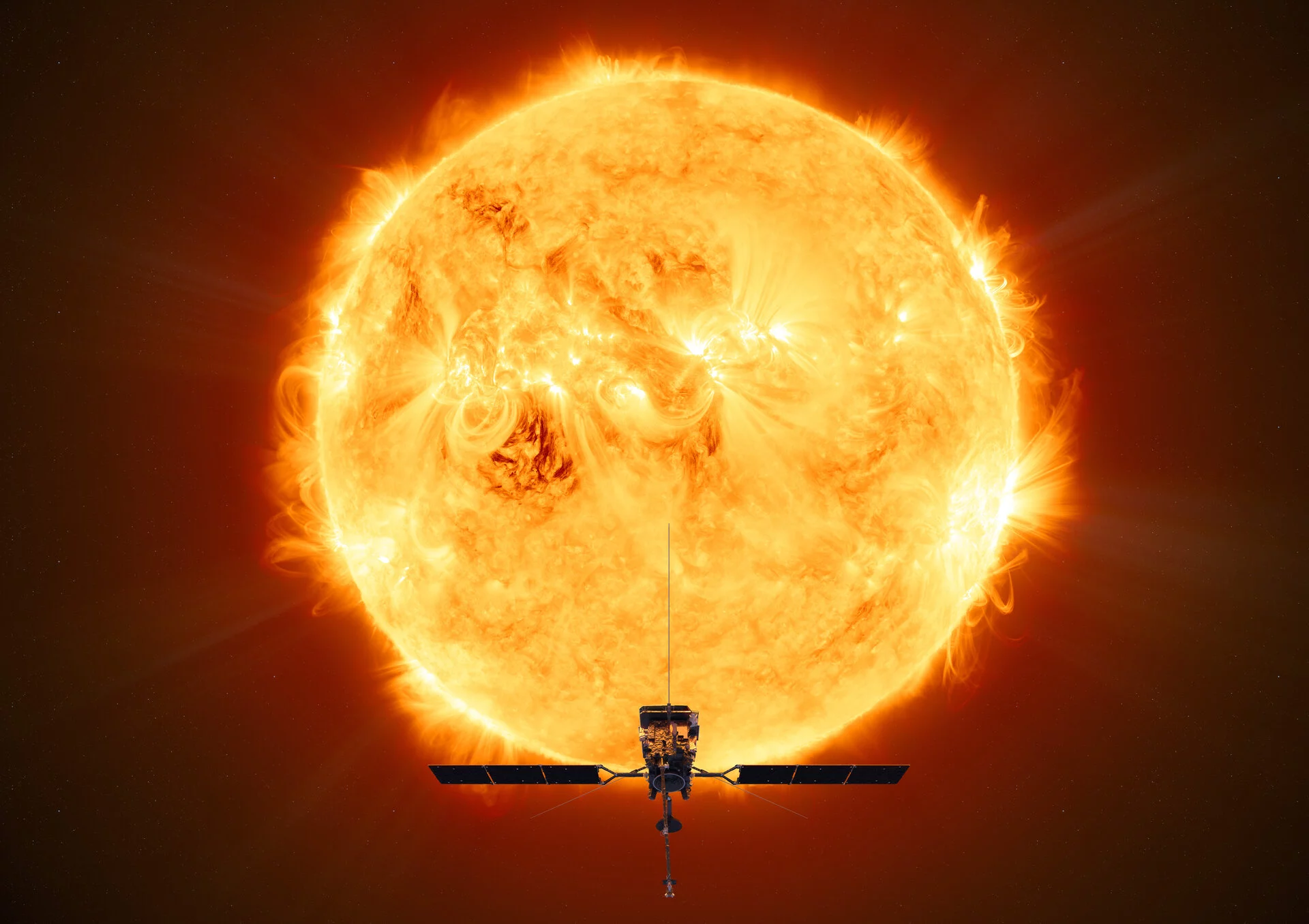 Render of the Solar Orbiter on approach to the Sun