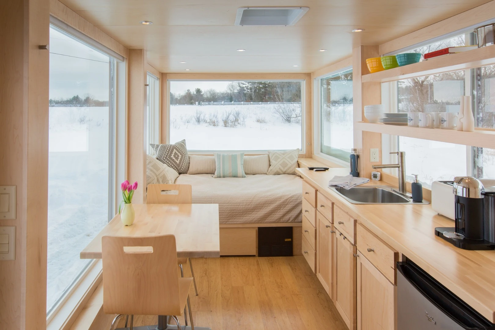 Inside the Vista, floorspace is split between a kitchen and main living area, bathroom and bedroom area