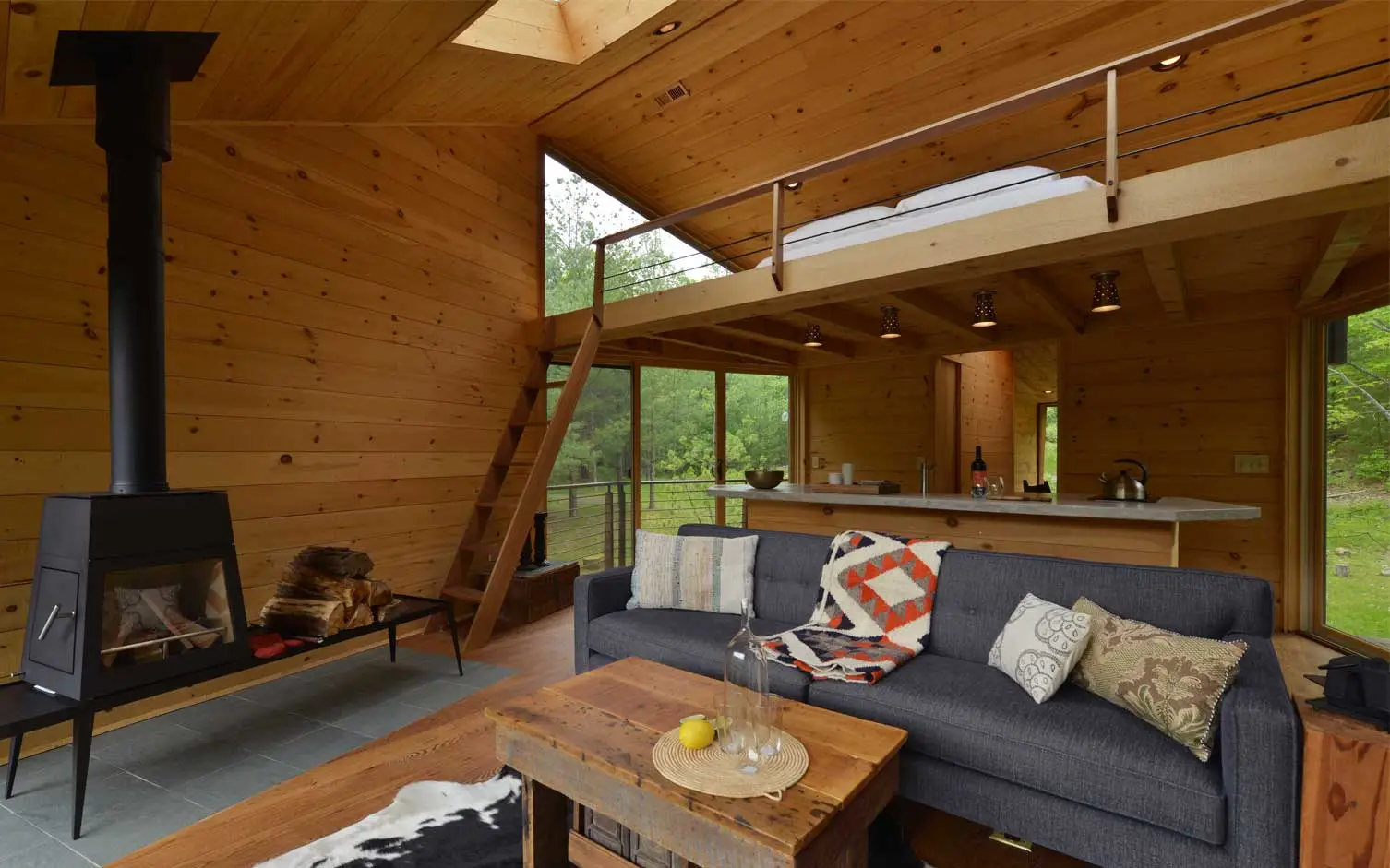 The interior features an open kitchen and lounge with log fire