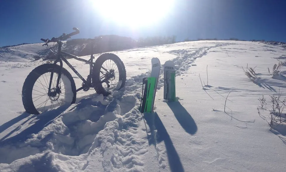 Using BikeBoards on both tires transforms the bike into a full-blown ski bike
