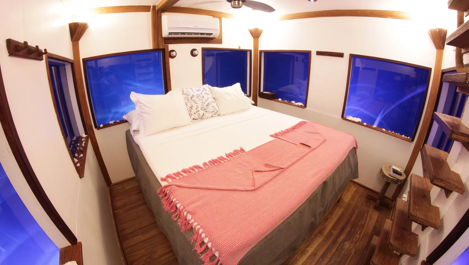 An isolated island off the east coast of Africa, Pemba Island is accessed generally by chartered seaplane from Zanzibar. The stunning underwater room, part of The Manta Resort, is a private, three-story floating island with the bedroom sitting completely under water