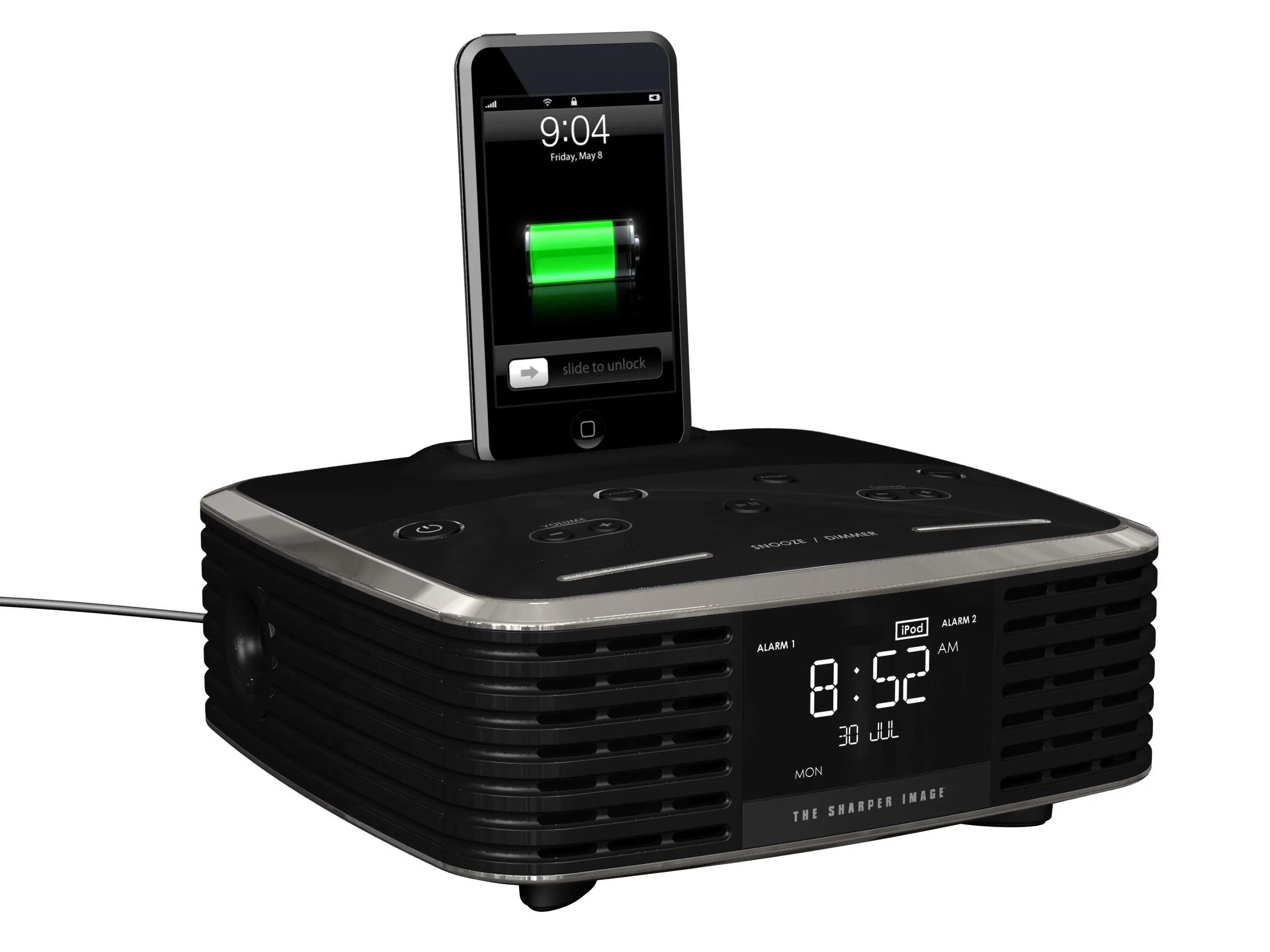 Voice recognition software allows the user to instruct the dock to set the alarm