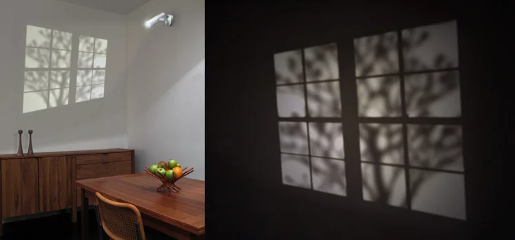 A window frame and stirring branches projected by Adam Frank's REVEAL