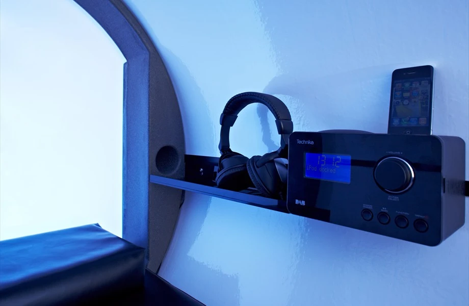 Podtime's sleeping pod can be equipped with a shelf and digital music system