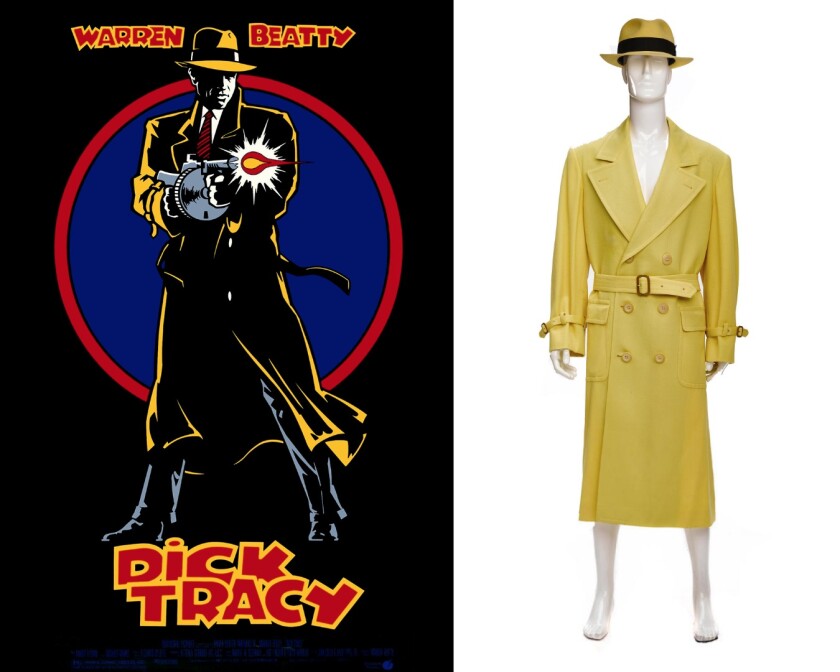 Dick Tracy's bright yellow double-breasted wool trenchcoat and matching hat are the signature costume of the comic book hero created by Chester Gould, so in many ways, they represent the film, which was designed to look like a comic strip come to life. Lot 351 at Bonhams and TCM "Treasures from the Dream Factory Auction, 23 November, 2015 (New York)