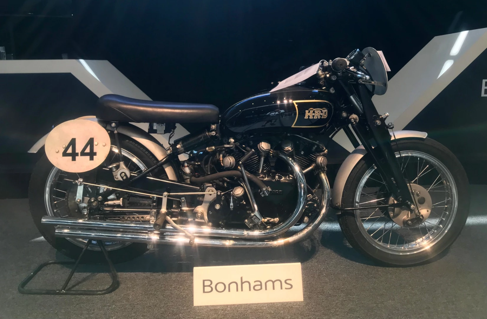 One of approximately 30 examples ever built of the ultimate Vincent V-twin performance bike, this 1949 model had never been accident damaged, was expected to fetch between $400,000 and $500,000, but ultimately bidding petered out in the low $300,000 range. Auction Description