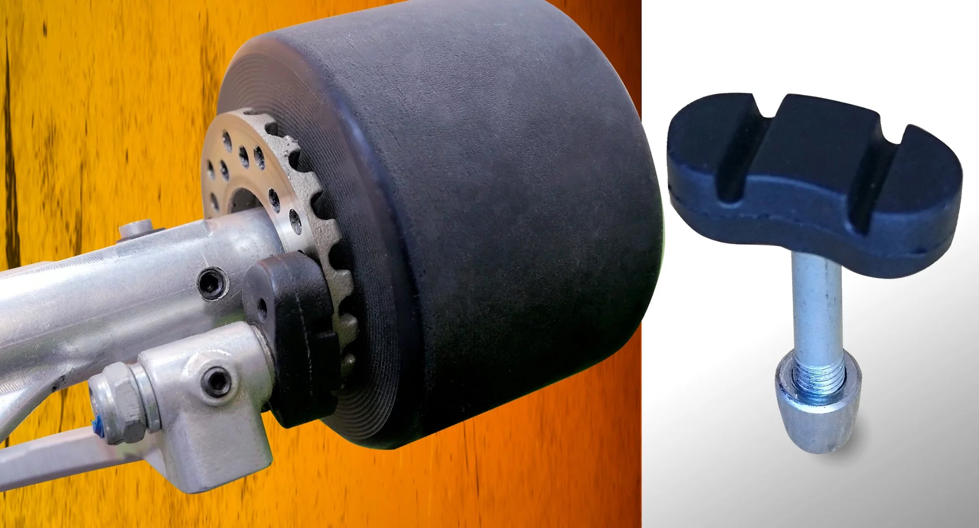 The Boarder Control Skateboard's two replaceable brake pads push against the brake discs on the inside of the back wheels