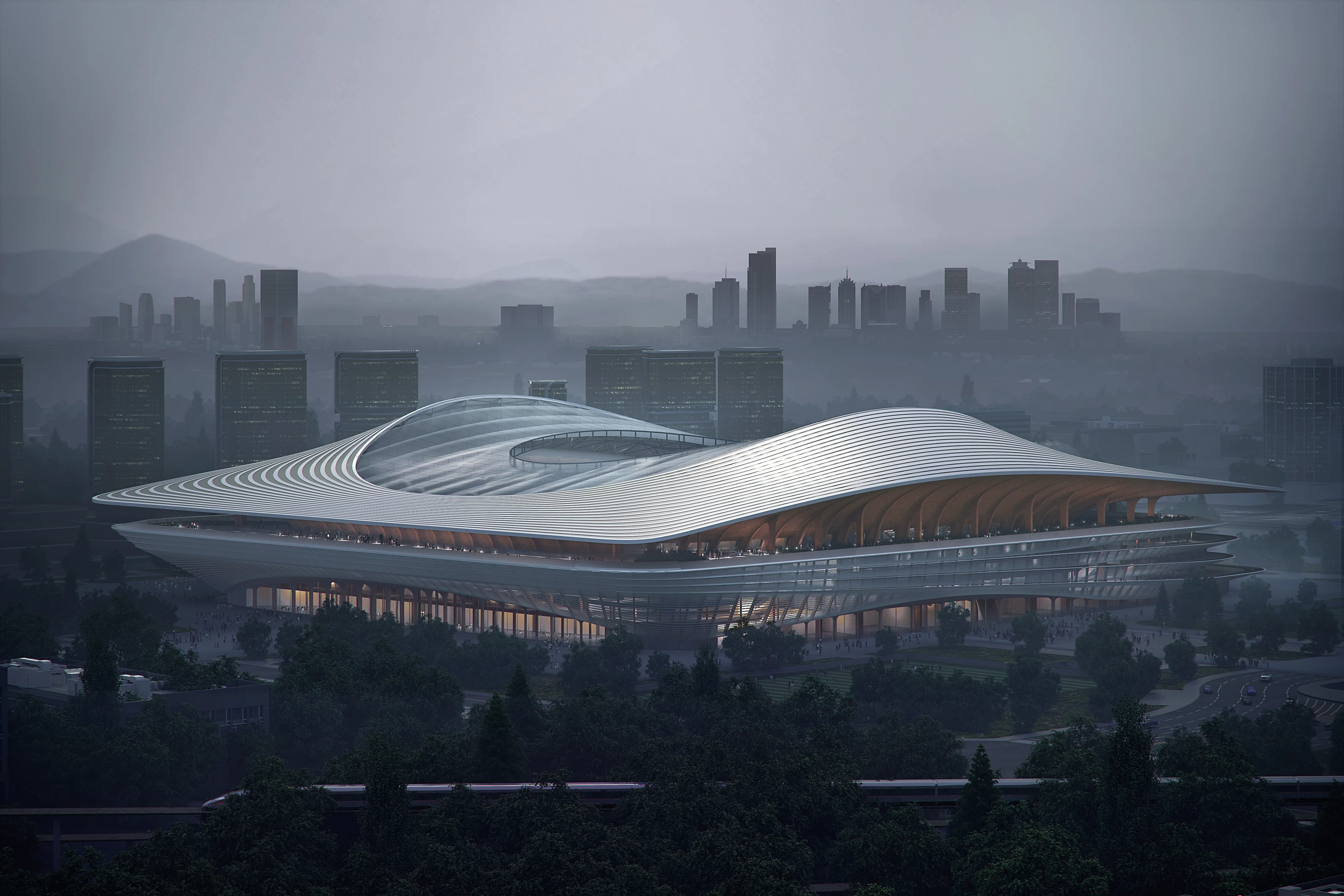 The Xi’an International Football Centre's facade is designed to shelter soccer fans from the area's northerly winds