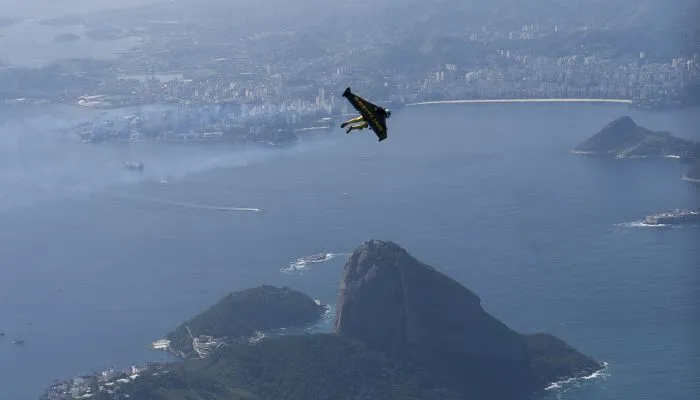 Jetman relies upon his trusty carbon fiber wing, which is equipped with four 48 lb (22 kg) thrust jet engines (Copyright: Joe Parker/Breitling SA, photo via AP Images)