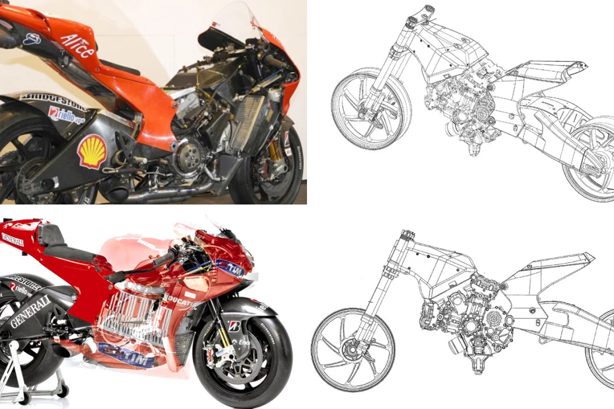 Clockwise from top left: the 2009 MotoGP Desmosedici GP9, two patent application drawings and recently released see-through illustration of the 2010 MotoGP Desmosedici GP10