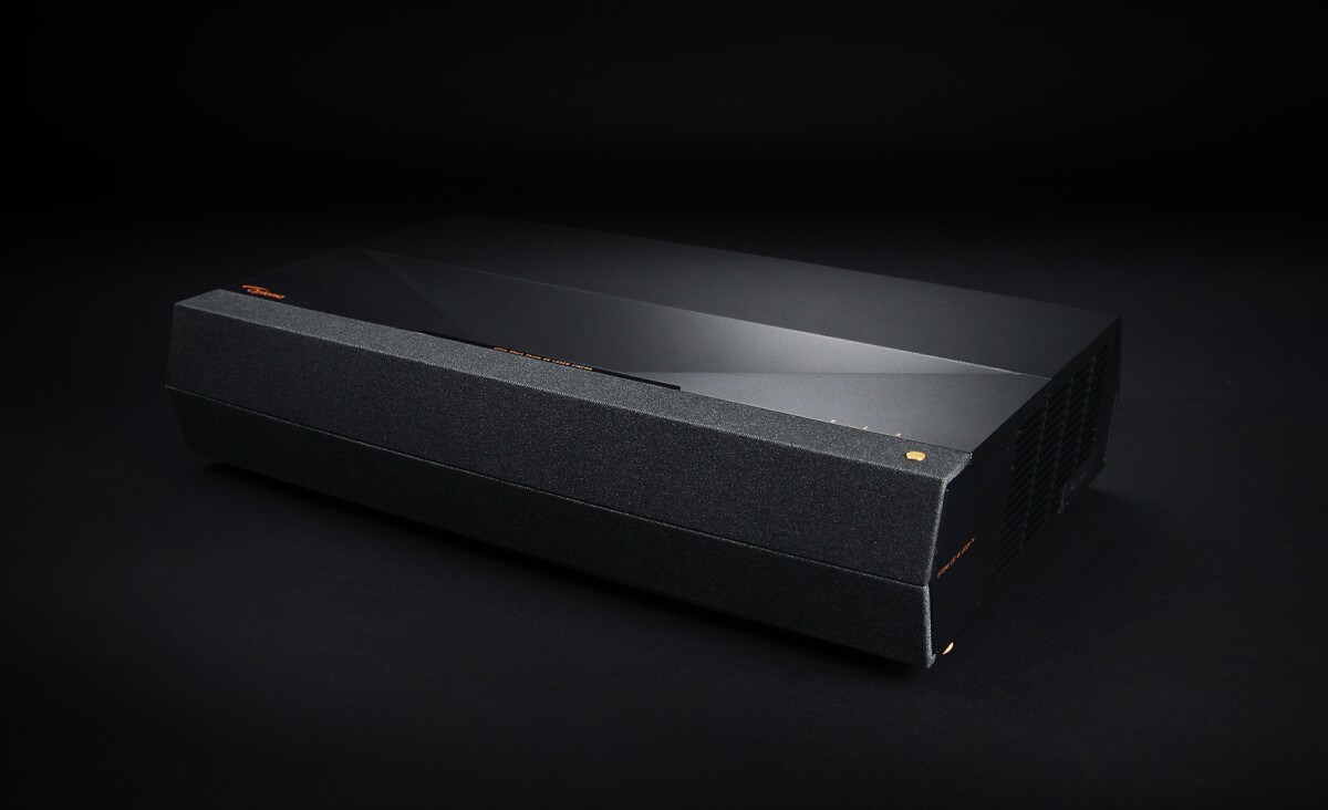 The Optoma P1 Smart 4K UHD Laser Cinema projector's NuForce soundbar is made up of individual woofers and aluminum full-range drivers housed in isolated speaker enclosures