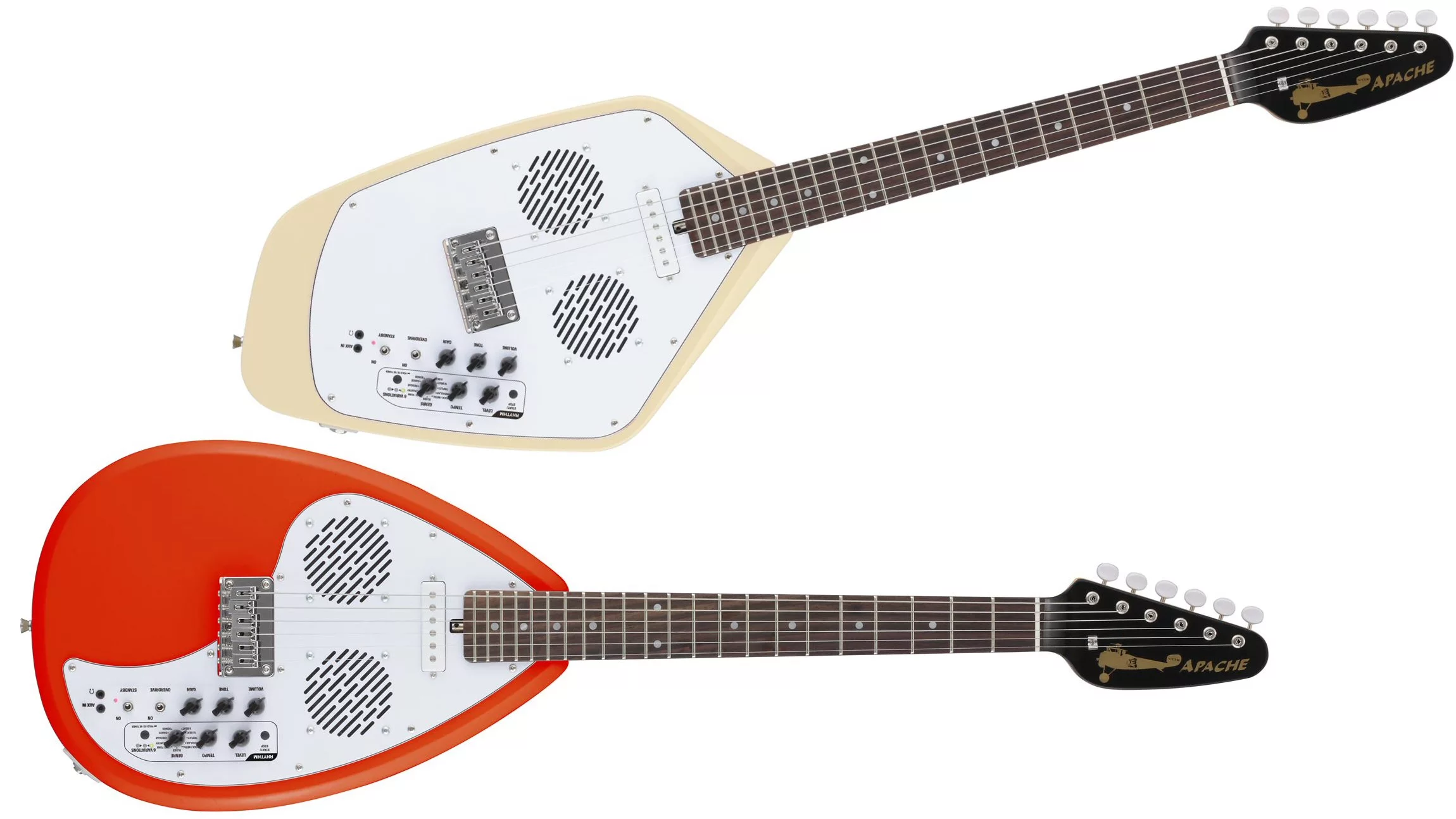 VOX Amplification has given new life to two 1960s iconic guitar bod shapes with the release of the Teardrop-shaped and Phantom-shaped Apache travel guitars