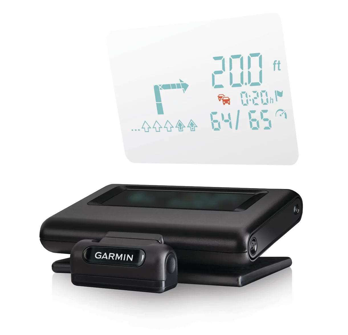 Garmin's HUD displays information on the included transparent film that sticks to the inside of a windshield