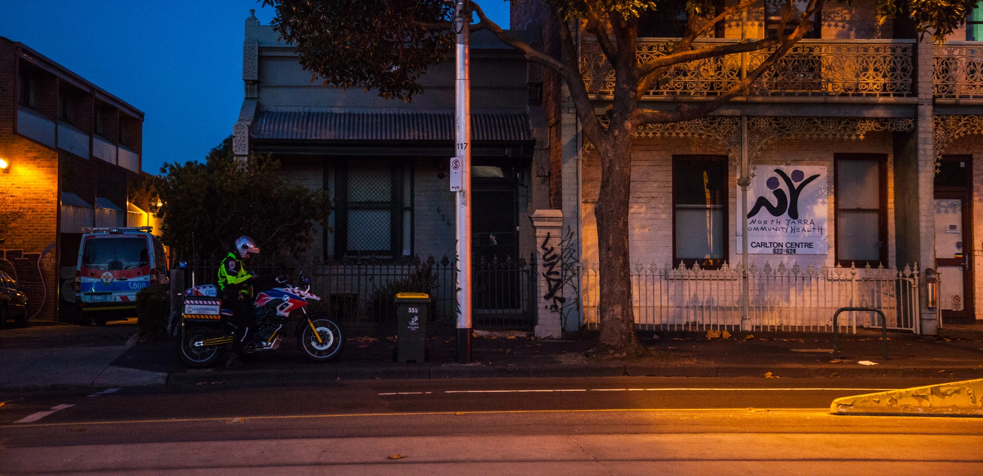 "As the sun goes down... Our roster hours are biased toward daylight hours, just as a safety and visibility issue. Just finishing at a scene where another ambulance has turned up, and they're making the determination on whether the patient needs to go to hospital."