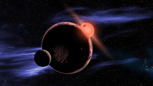 Artist rendering of an exoplanets with two moons orbiting a red dwarf star