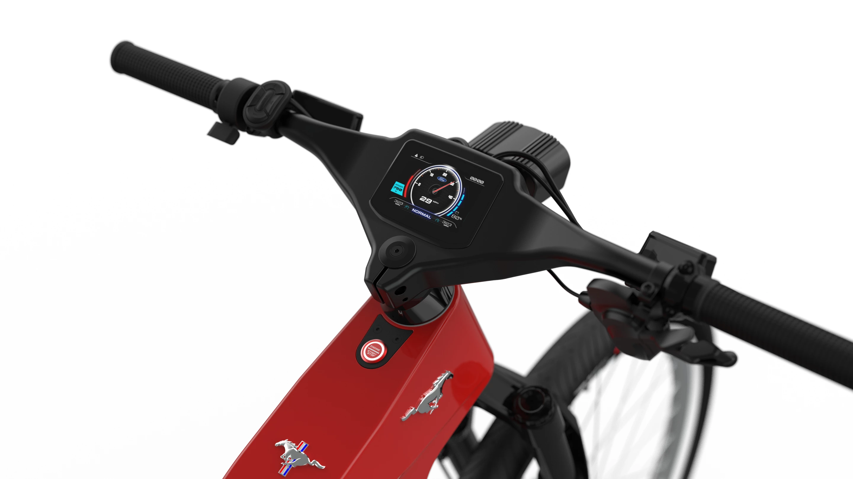 The Mustang ebike features a full color digital dash and pony branding