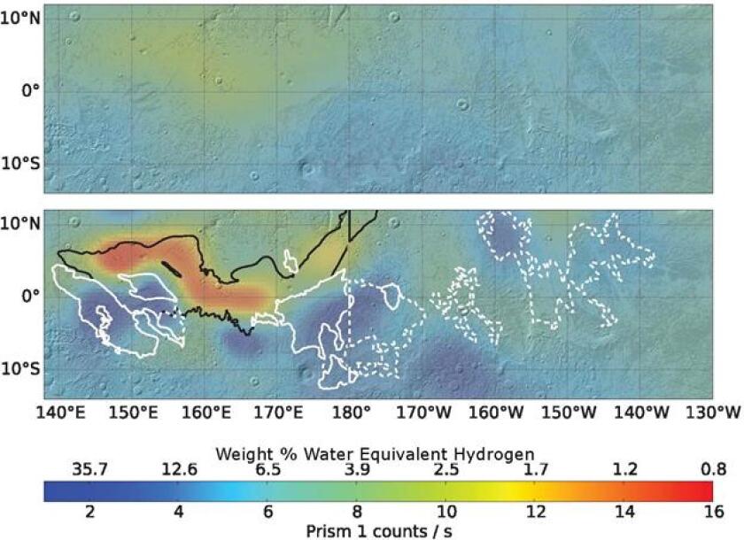 New hydrogen distribution map created from processed data from the Mars Odyssey spacecraft. The white lines indicate parts of the Medusae Fossae Formation