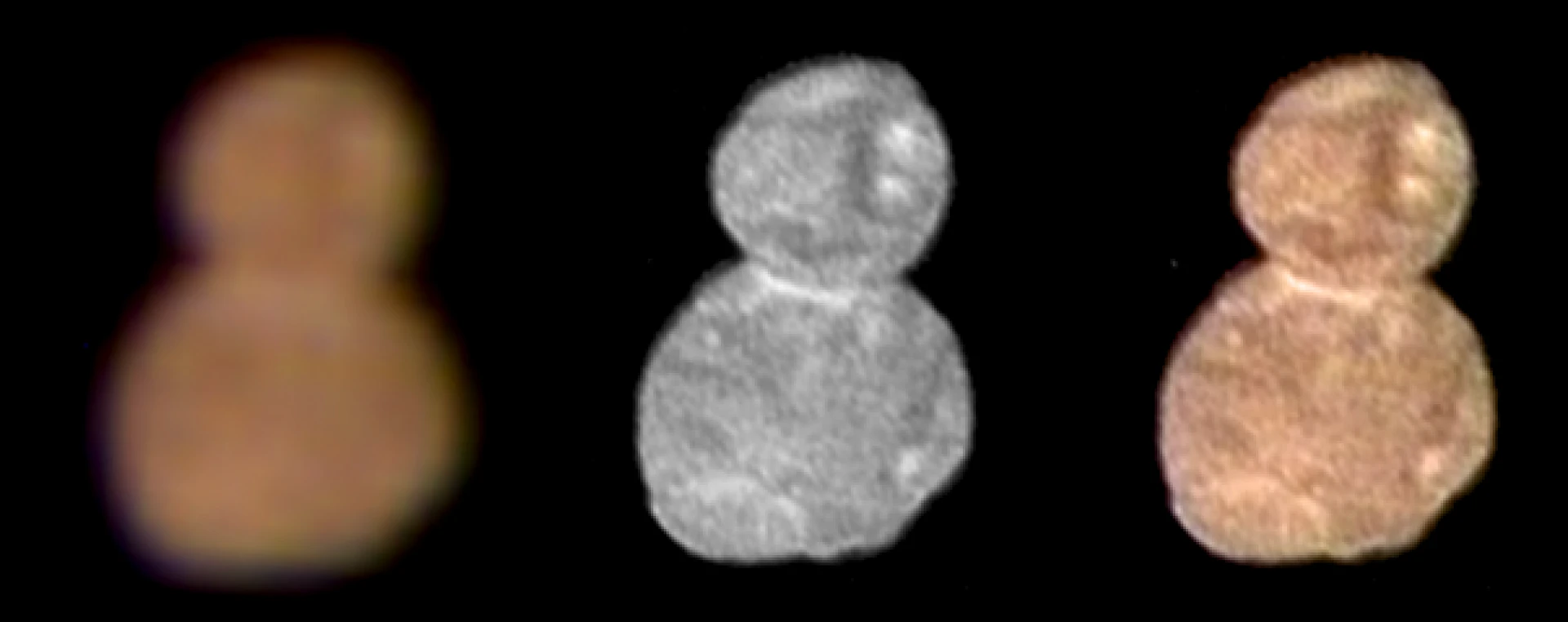 The first color image (left) of Ultima Thule, snapped by New Horizons' Multispectral Visible Imaging Camera (MVIC). The higher-resolution image (center) was taken by the craft's Long-Range Reconnaissance Imager (LORRI), and the third image (right) combines the two
