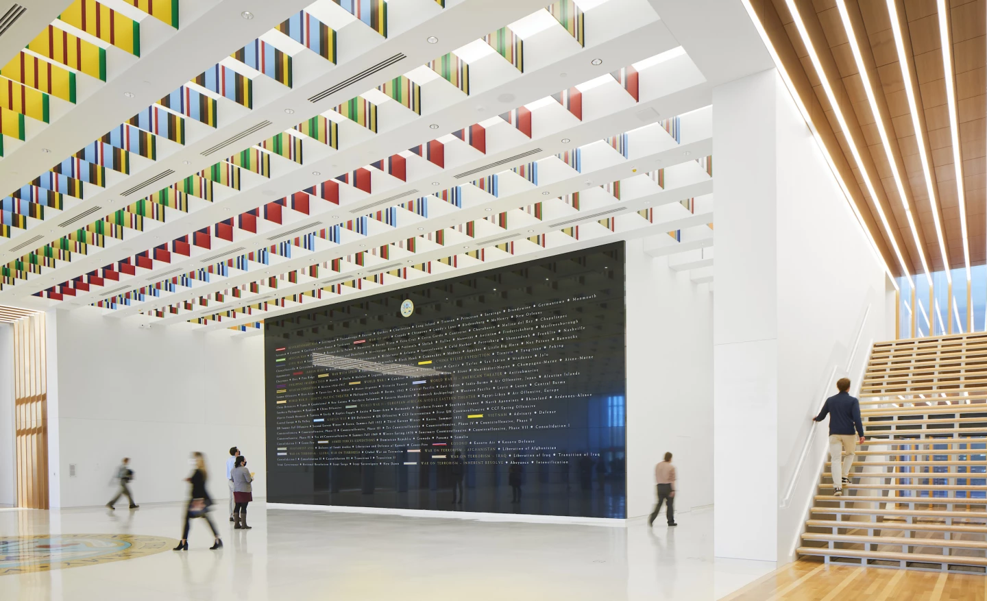 The National Museum of the United States Army's ceiling is decorated to match the colors of the campaign streamers from the Army's past