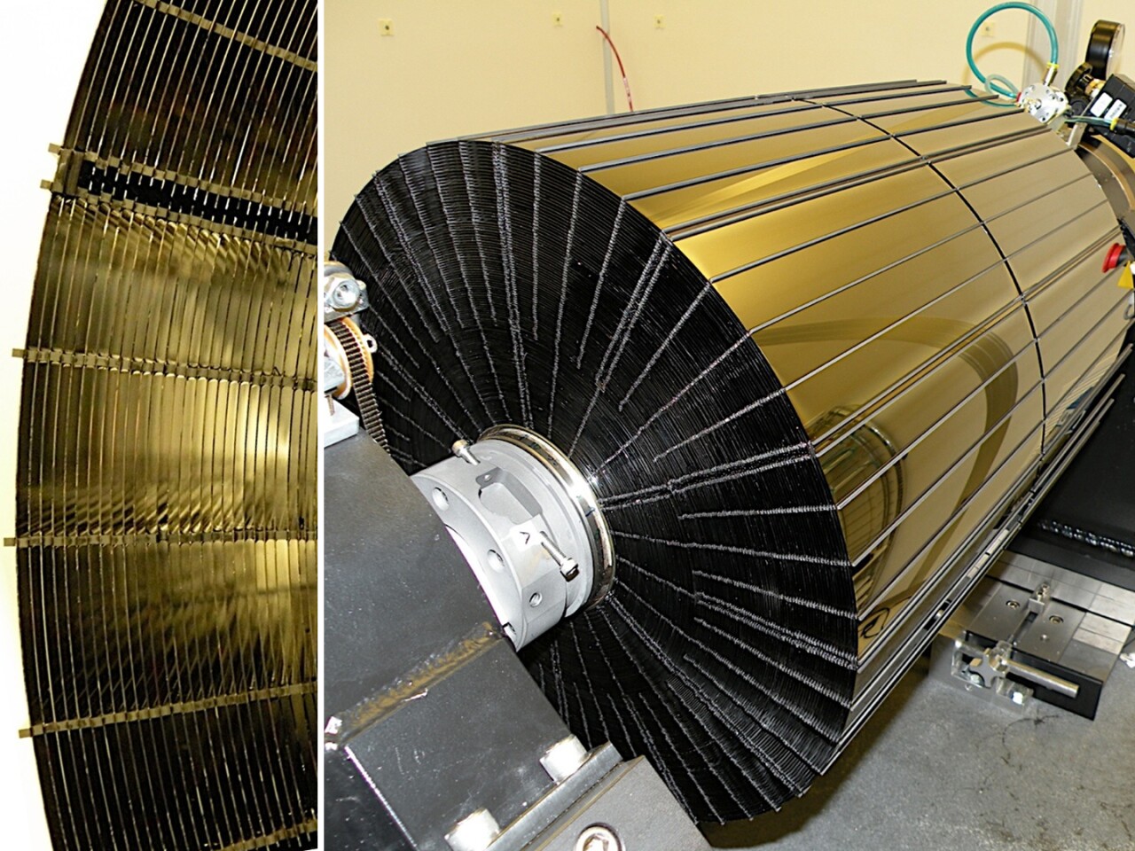 Two views of the hard x-ray focusing mirrors that form the primary optics for NuSTAR (Photo: NASA/JPL-Caltech)