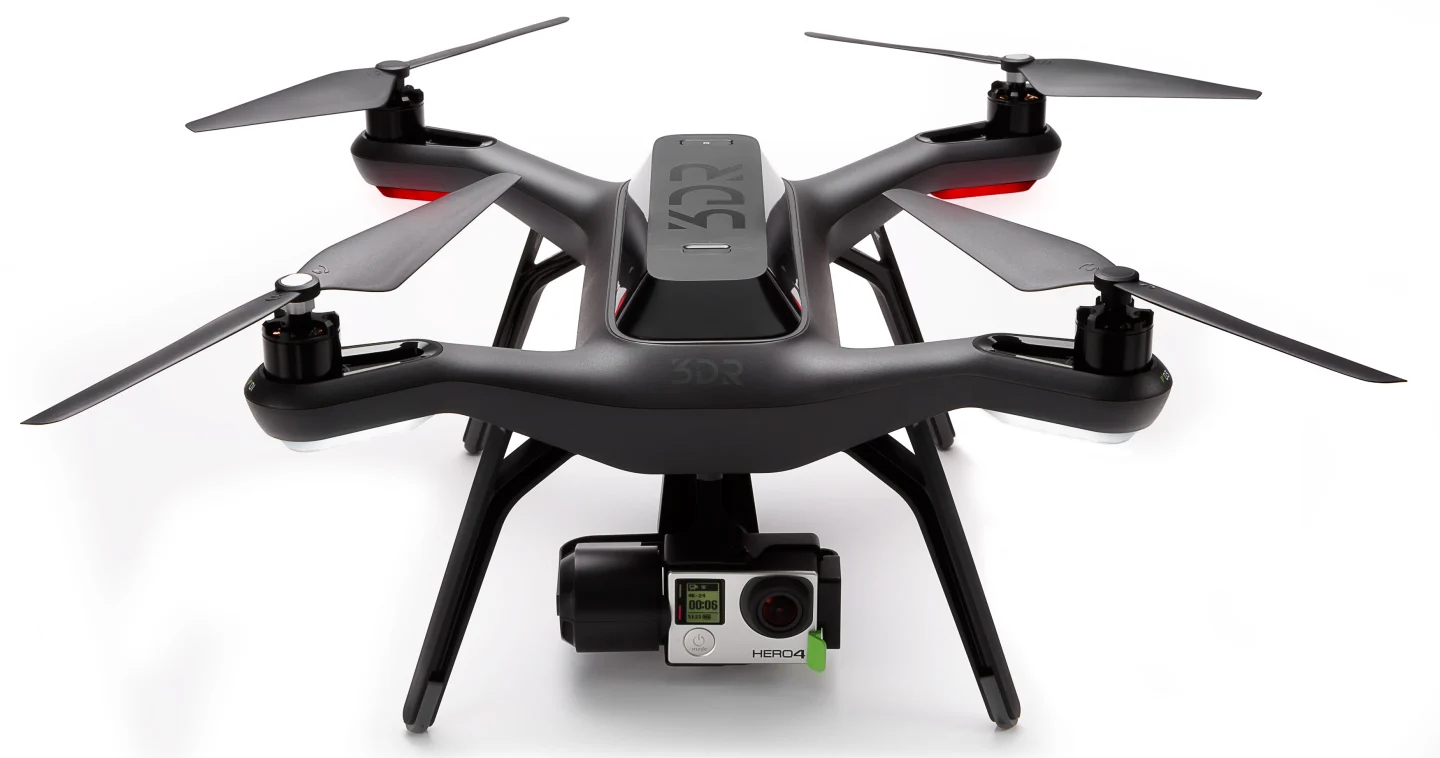 The Solo holds a GoPro4 or GoPro3+ camera in a 3-axis gimbal that stabilizes the camera for professional looking video