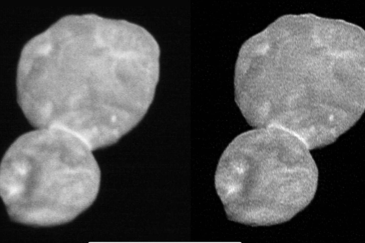 The original image of Ultima Thule (left) taken by New Horizons, along with a sharper, enhanced version (right)
