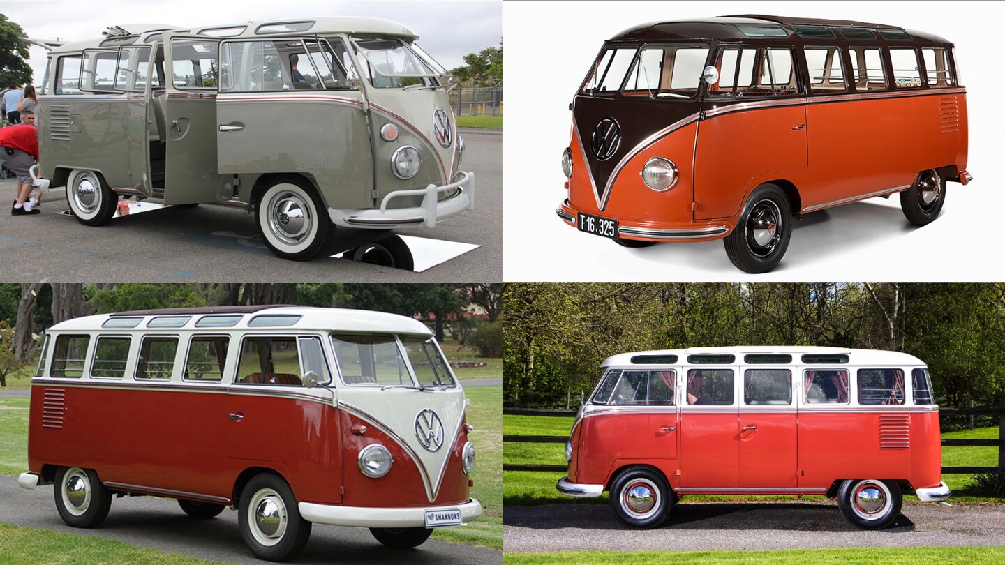 A sampling of the record prices paid for the Volkswagen 23-window Deluxe Samba. The American record price for a Volkswagen Type 2 (Kombi) of any model at auction was held by the vehicle at top left prior to this week. It's a 1963 model 23-window Deluxe Samba sold by Barrett-Jackson in 2011 for $217,800. Top right is the former European and World T2 record holder, a 1955 model Deluxe Samba which sold for €190,000 ($236,639) at Auctionata in Germany in November, 2014. At bottom left is the Australian record holder, a 1960 Deluxe Samba (in Right Hand Drive configuration) which was sold for AUD$202,000 (US$157,690) in February 2015. At bottom right is the British record holder, a 1960 Samba Deluxe which sold for £91,100 ($143,347) at Bonhams' Goodwood Festival of Speed sale in August, 2015.