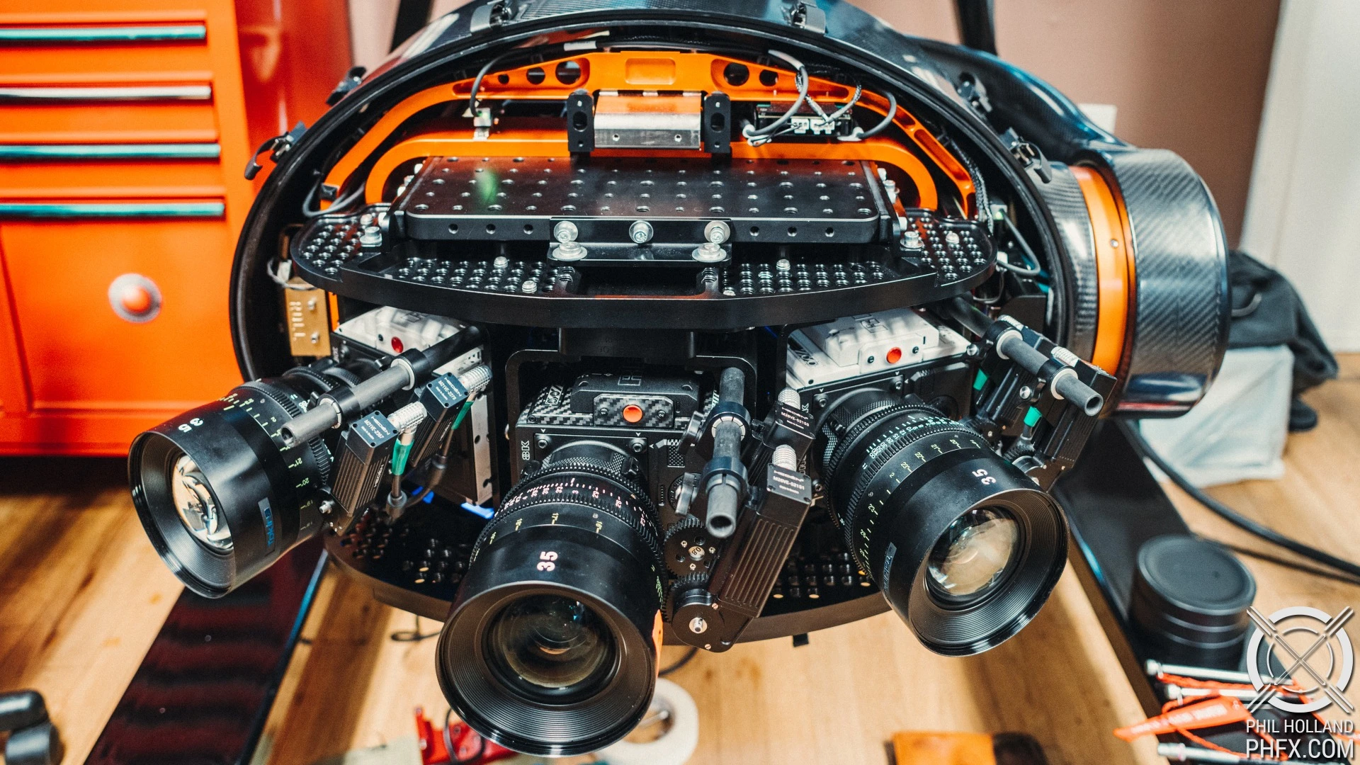 Three RED Weapon 8K VV Monstro cameras, arrayed sideways in a Shotover K1 Hammerhead gyro-stabilized gimbal