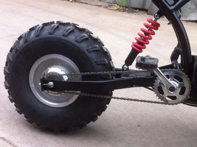 The alloy frame sits atop two 19.7-inch off-road tires, measuring 3.75 ft (1.1 m) from end to end