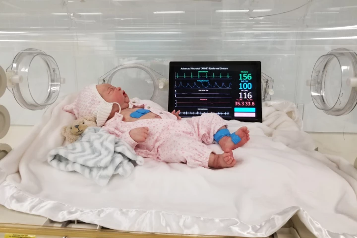 The baby-monitoring sensors work in pairs, with one placed on the foot and one on the chest