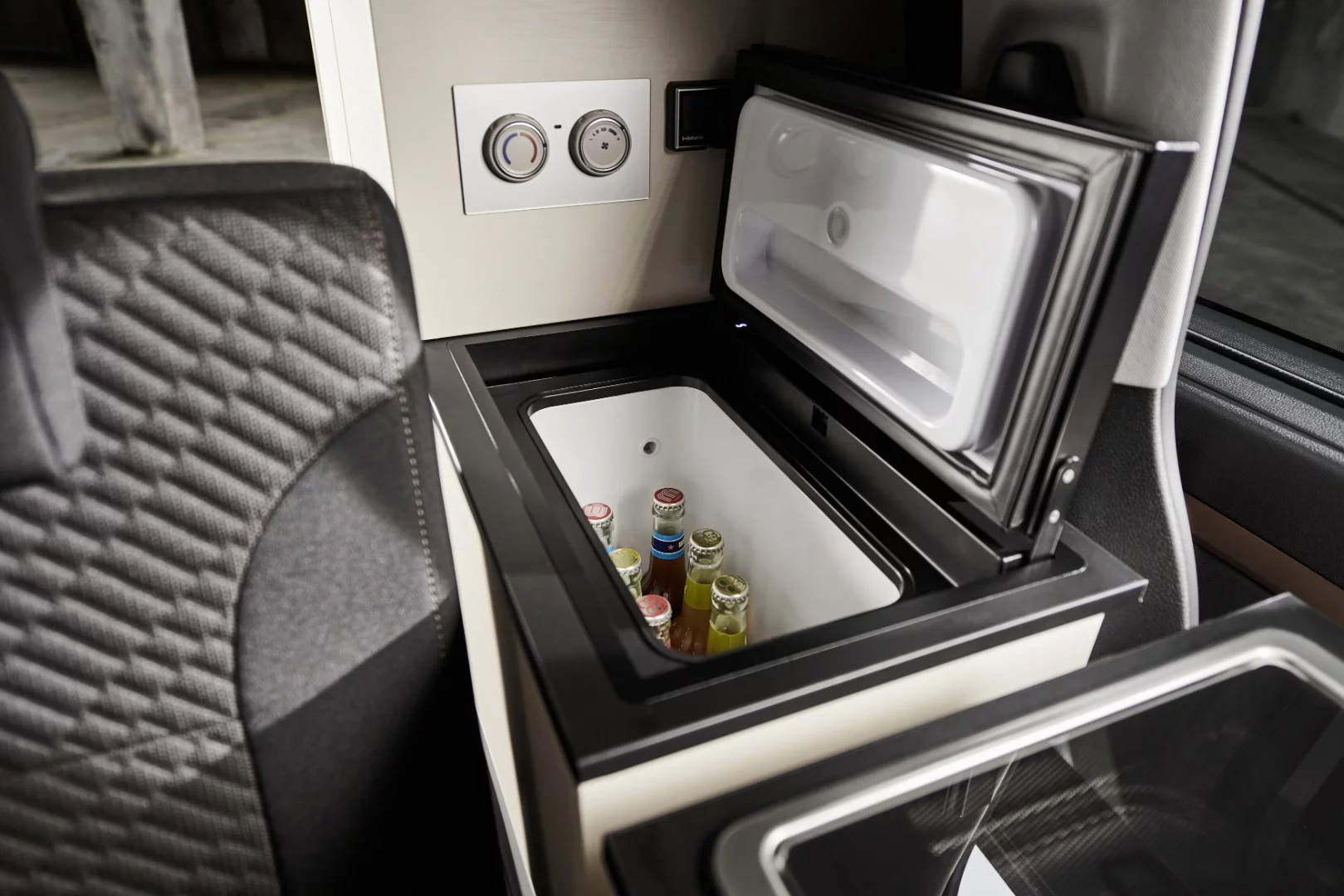 An available refrigerator puts cold storage right next to the kitchen block