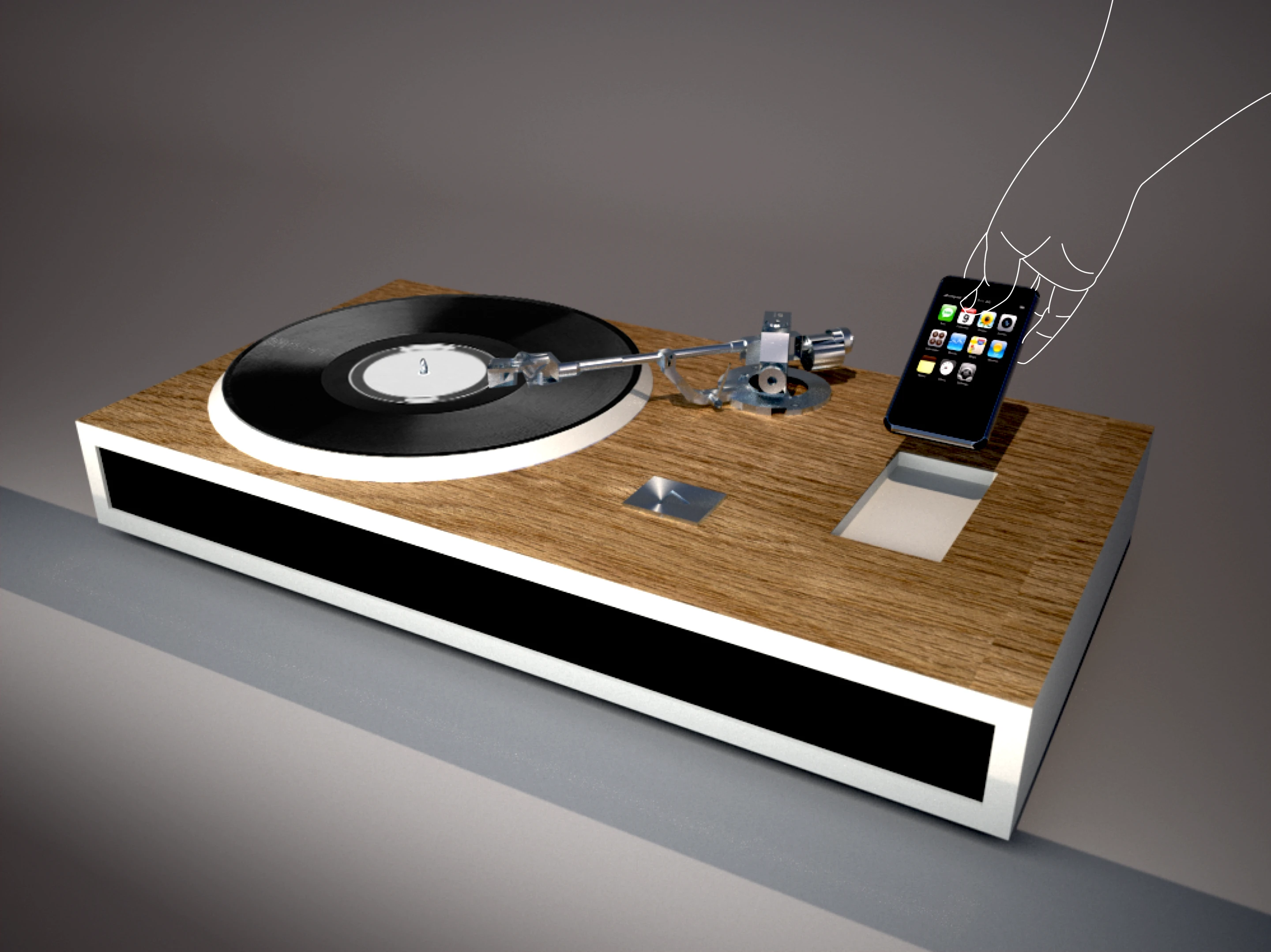 The Turntable iPhone Dock concept, showing iPhone being docked