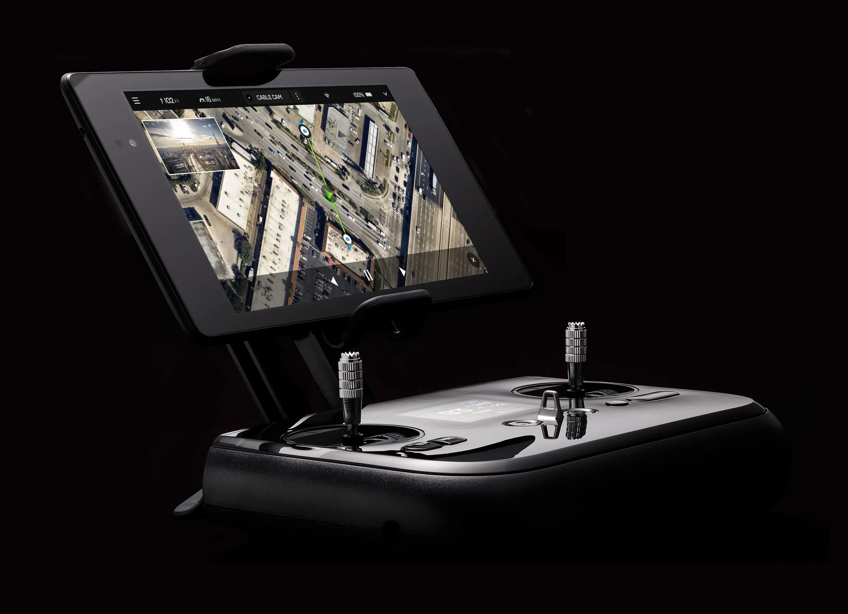 The controller for the Solo is intended to integrate a smartphone or tablet for real time video from the quad