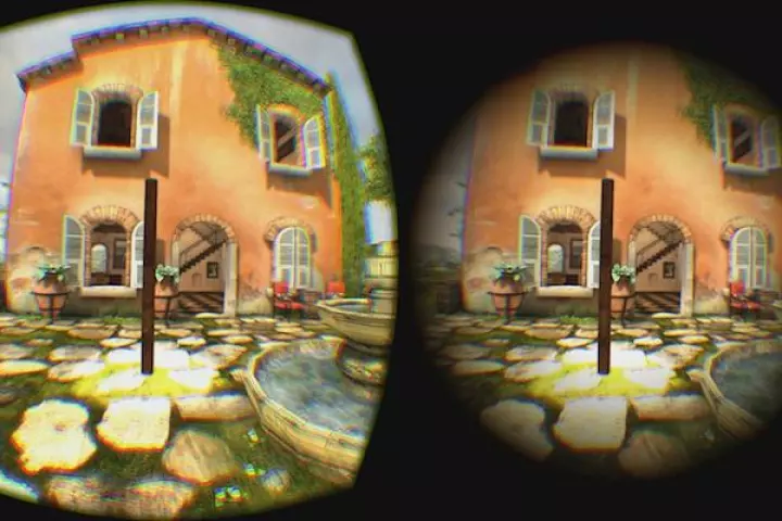 On the left is the standard view from one eye of an Oculus Rift headset, and on the right is the view with a gradual field of view restrictor in place, which is designed to decrease motion sickness in VR