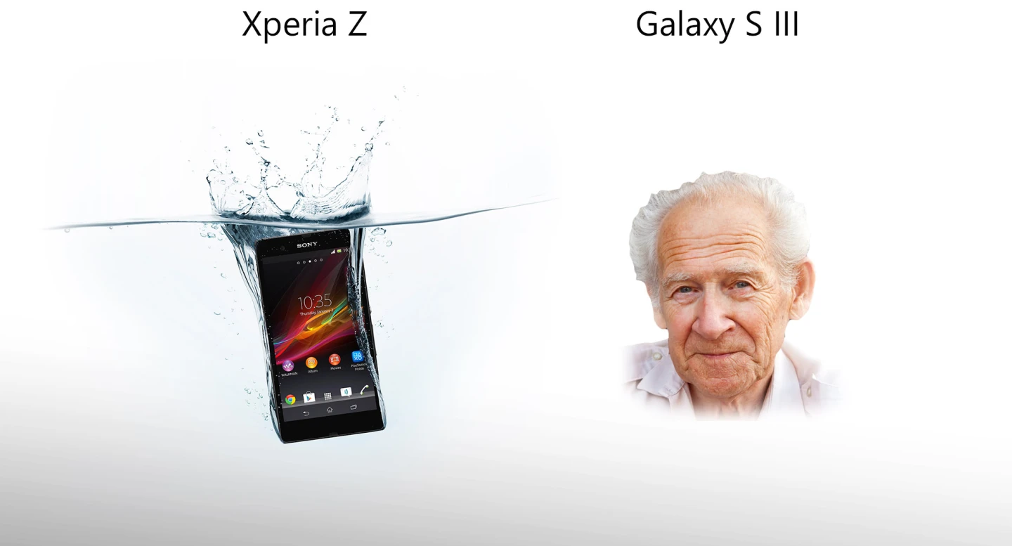 The Xperia Z is "waterproof," while the Galaxy S III is growing old gracefully (old man image via Shutterstock)