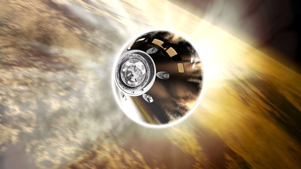 Artist's concept of Orion with the new capsule re-entering the atmosphere