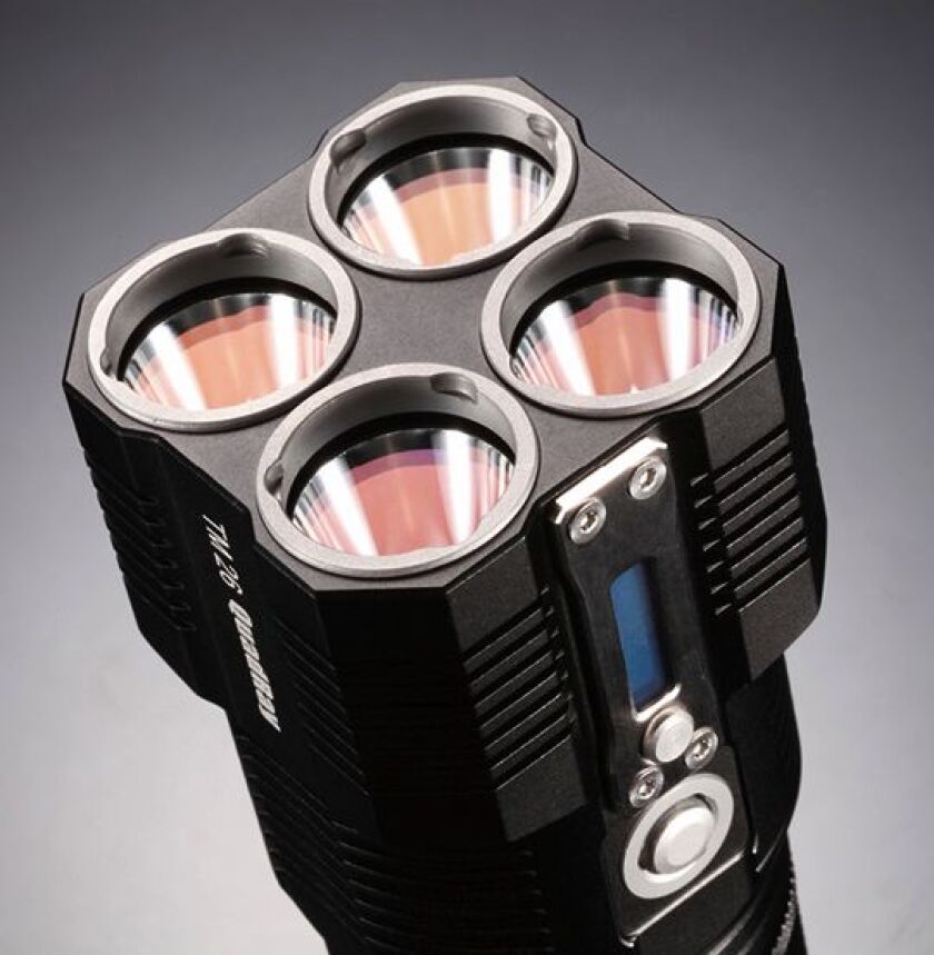 The hard-anodized aluminum TM26 utilizes four Cree XM-L LEDs, protected by coated mineral glass lenses and powered by four 18650 or eight CR123 rechargeable lithium-ion batteries