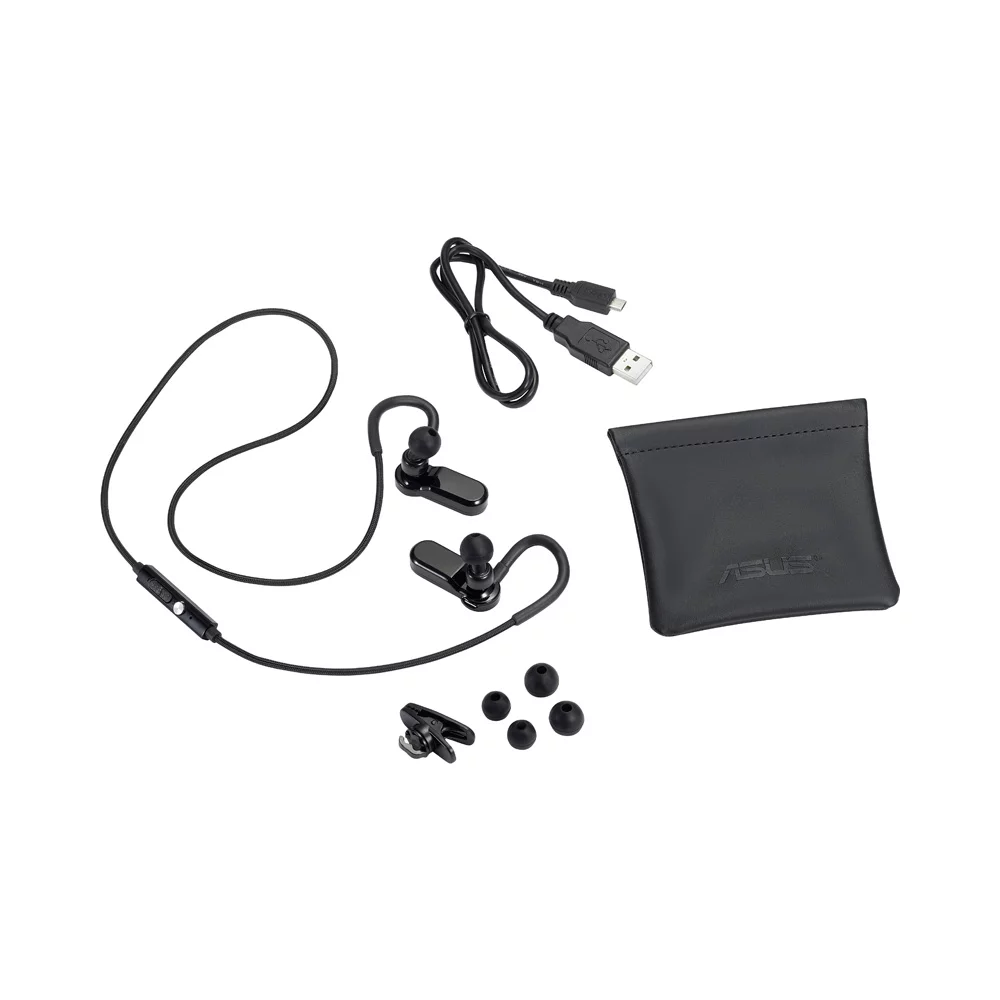 The Asus EB50N NFC-enabled BT 4.0 earphones come supplied with a carry pouch, a USB charging cable and three different sized buds