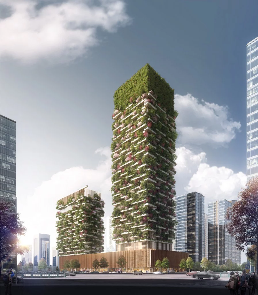The Nanjing Vertical Forest towers will reach heights of 108 m (354 ft) and 200 m (656 ft)